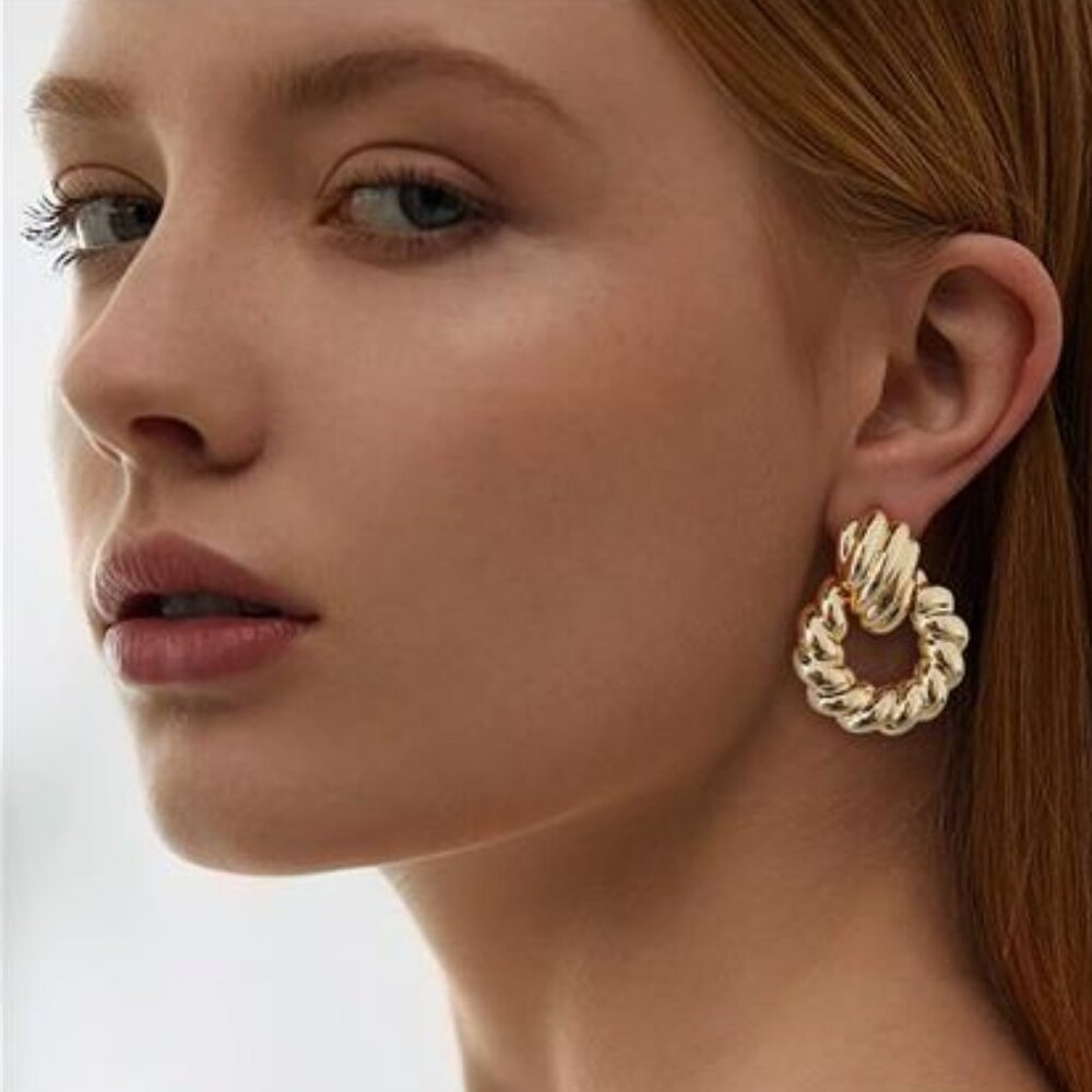 Gold Textured Hoop Drop Earrings | Twist Door Knocker Vintage Style